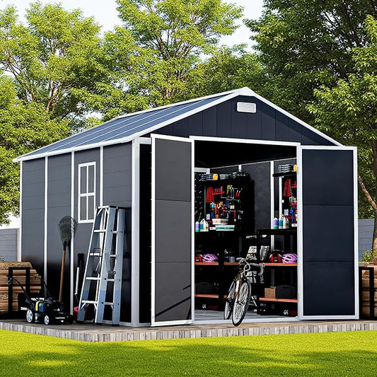 Outdoor Storage Shed 8x8 FT, Resin Shed with Floor & Window, Lockable Door, Vents, Outside Sheds & Garden Shed for Patio Furniture, Gardening Tools, Pool Equipment (Dark Gray, 8 * 8ft)