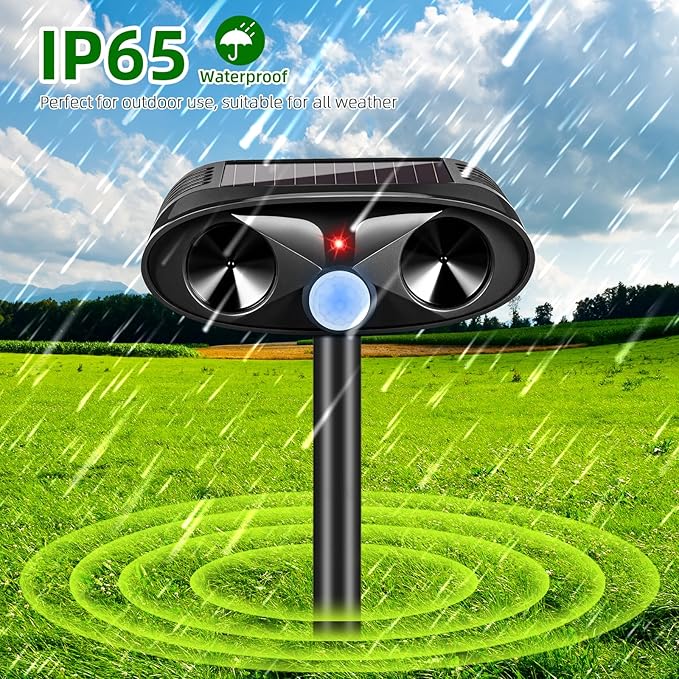 2025 Upgraded Solar Ultrasonic Animal Repellent Outdoor, 4 Pack Deer Repellent Devices USB Charge Animal Deterrent for Cat,Squirrel,Dog,Raccoon,Skunk,Rabbit Repellent for Yard Garden Lawn,Black