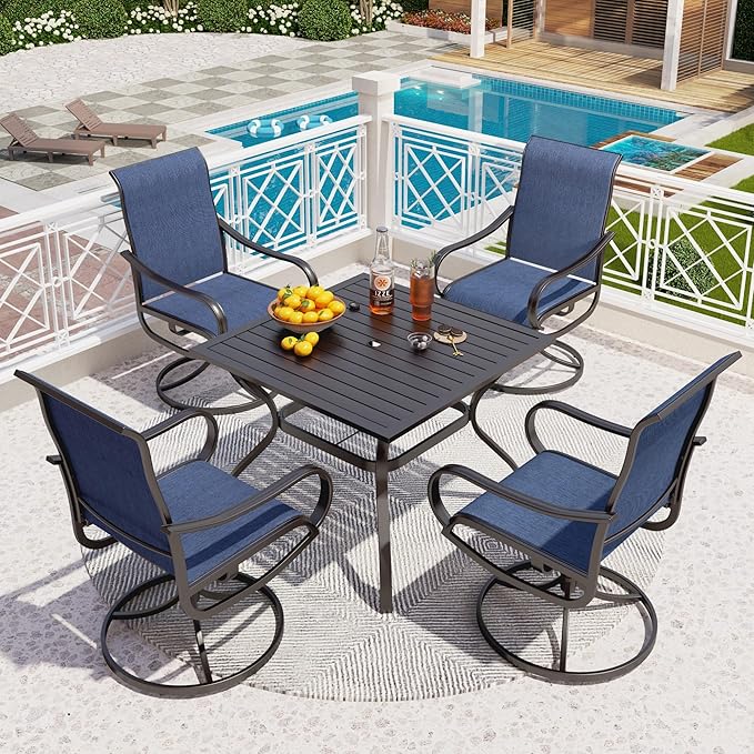 PHI VILLA 5 PCS Outdoor Patio Dining Set with Swivel Dining Chairs (Blue) and 37"x 37" Metal Steel Dining Table(1.57" Umbrella Hole), All Weather Patio Dining Furniture Set for Deck Lawn Garden