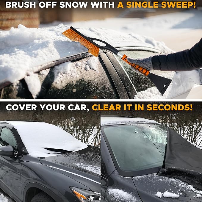 EcoNour Car Windshield Cover for Ice and Snow (69"x42") | Snow Brush and Ice Scrapers for Car (1 Pack) with Scratch Free Bristle Head | Winter Car Kit for Cars, Trucks, SUVs