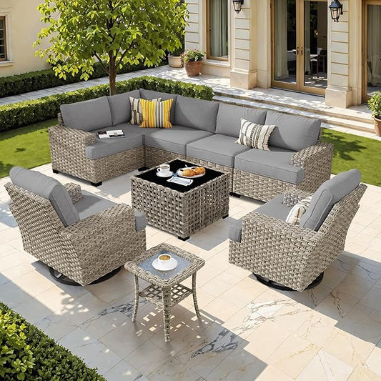 HOOOWOOO Outdoor Sectional Patio Furniture Set,9 Pieces Wicker Conversation Sets L Shaped Couch,Extra Deep Out Door Sofa Outside Furniture with Swivel Chairs,Charcoal Gray