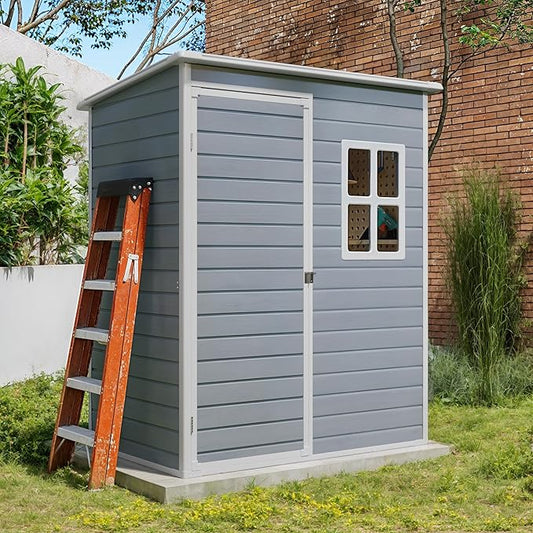 Gizoon 5x3 FT Outdoor Storage Shed with Lockable Door, Resin Weatherproof Plastic Garden Shed with Floor & Ventilation, Backyard Shed for Patio, Lawn Tools, Bike, and Toys