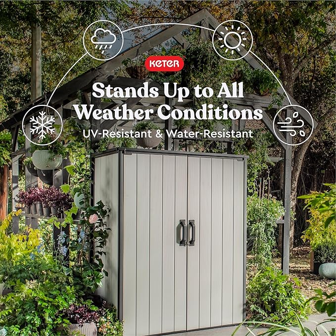 Keter Premier Tall 4.6 x 5.6 ft. Resin Outdoor Storage Shed with Shelving Brackets for Patio Furniture, Pool Accessories, and Bikes, Grey & Black