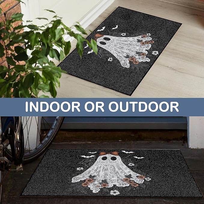 Halloween Ghost Door Mat, Vintage Halloween Ghost Spider Web Bats Doormat Non-Slip for Front Door Porch Indoor Outside Entrance Entryway, Gothic Witchy Floral Welcome Mat, 17x30 Inch