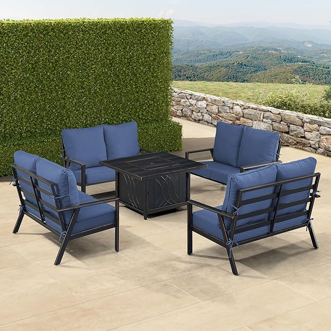 Oakland Living Black Aluminum Patio Fire Table Set with Four Deep Seating Loveseats with Cushions with Blue Cushions