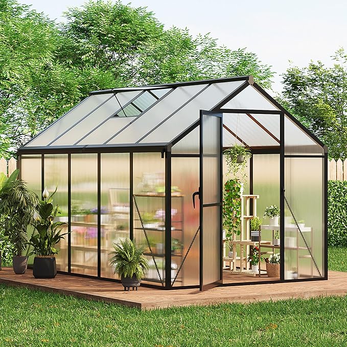 6x10 FT Greenhouse for Outdoors, Polycarbonate Greenhouse with Roof Vent, Ground Nails, Lockable Push Door, Aluminum Large Walk-in Green House for Outside Garden Backyard, Patio, Lawn, Black