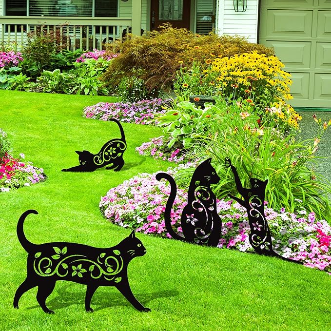 Elcoho 4 Pack Black Cat Silhouette Cute Metal Cat Garden Statues Bird Repellent Decorative Garden Stakes for Yard, Garden, Lawn Outdoor Decorations