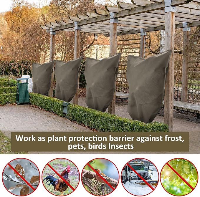 12 Packs Winter Plant Covers Freeze Protection Drawstring Tree Cover 23.62 x 31.5 in Large Reusable Frost Protection for Plants Fruit Tree Shrub, Outdoor Prevention Bag (Brown)