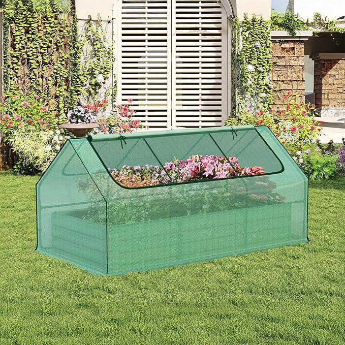 Aoodor 6 x 3 x 3 ft Raised Garden Bed with Mini Greenhouse Kit, Metal Planter Box with 2 Roll-Up Zipper Doors for Vegetables, Herbs, and Flowers