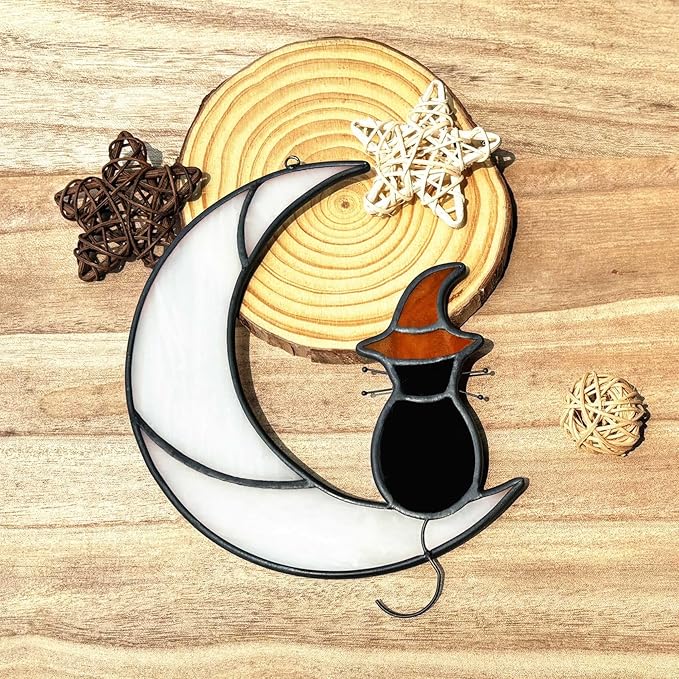 Stained Glass Halloween Black Cat Decor Gifts for Cat Lovers Memorial, Handmade Gothic Witch Hat Stained Glass Window Hangings Suncatcher for Windows Ornament Decoration.