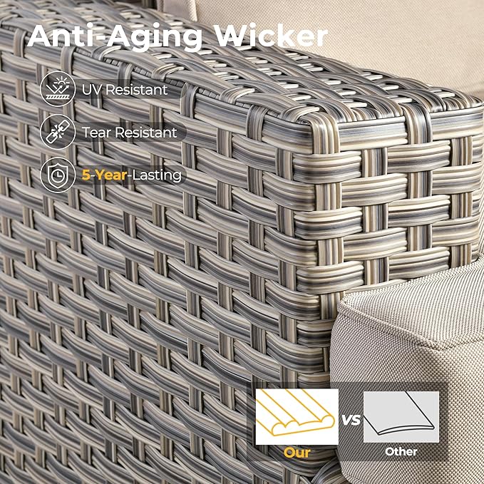 HOOOWOOO Outdoor Sectional Patio Furniture Set with Fire Pit Table,13 Pieces Wicker Conversation Sets L Shaped Couch,Extra Deep Out Door Sofa Outside Furniture with Swivel Chairs Ottomans,Beige