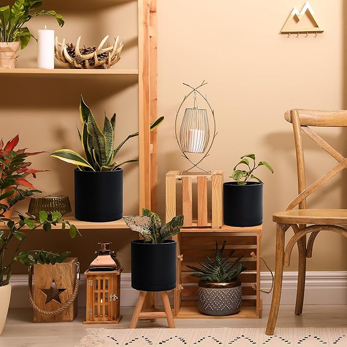 D'vine Dev 4.5 Inch 5.5 Inch 6.5 Inch, Set of 3 Plastic Planter Pots for Plants with Drainage Hole and Seamless Saucers, Black Color, Small Plus, 74-V-B-2