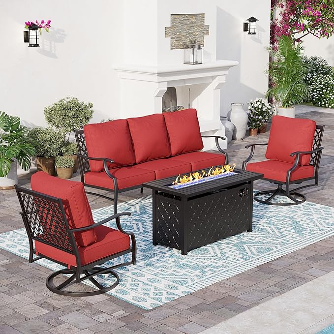 4 Piece Metal Outdoor Patio Furniture Sets with 5000 BTU Firepit Table, Patio Conversation Sets 1 3-Seater Sofa, 2 Swivel Chair with 5.75" Thick Cushion, Black Backyard Furniture, Red