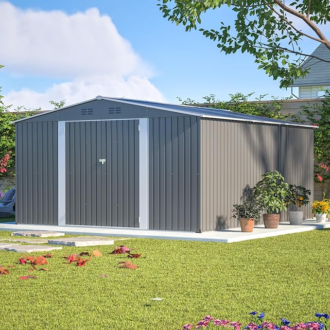12x14FT Outdoor Storage Shed Metal Shed W/Floor Frame,Garden Tool House W/ 4 Air Vents,Lockable Double Doors & Sloped Roof,for Patio,Lawn,Backyard,Light Gray