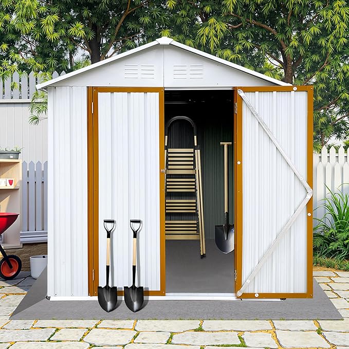 6x4 FT Outdoor Storage Shed, Metal Tool Shed with Lockable Doors, Peaked Roof & Frame Floor, Garden Shed with Vented Design for Backyard Garden Patio Lawn, White+Yellow
