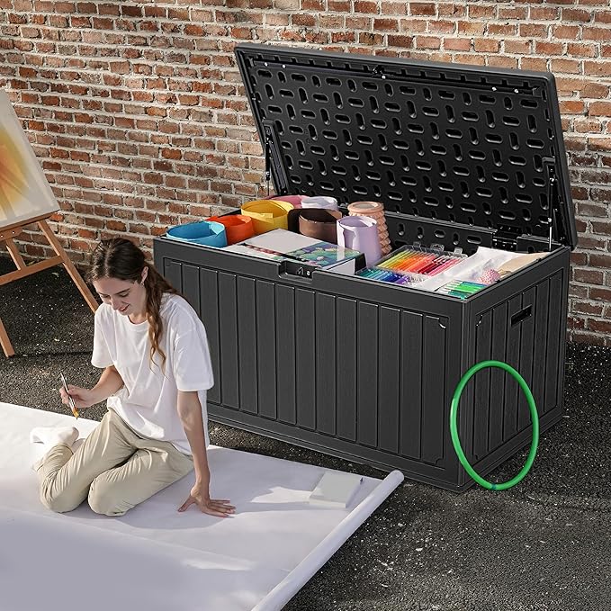 DWVO 90 Gallon Resin Outdoor Storage Box, XXL Double-Wall Waterproof Deck Box, Doubles as Table or Seating with 450 lbs Capacity, Lockable (Black)