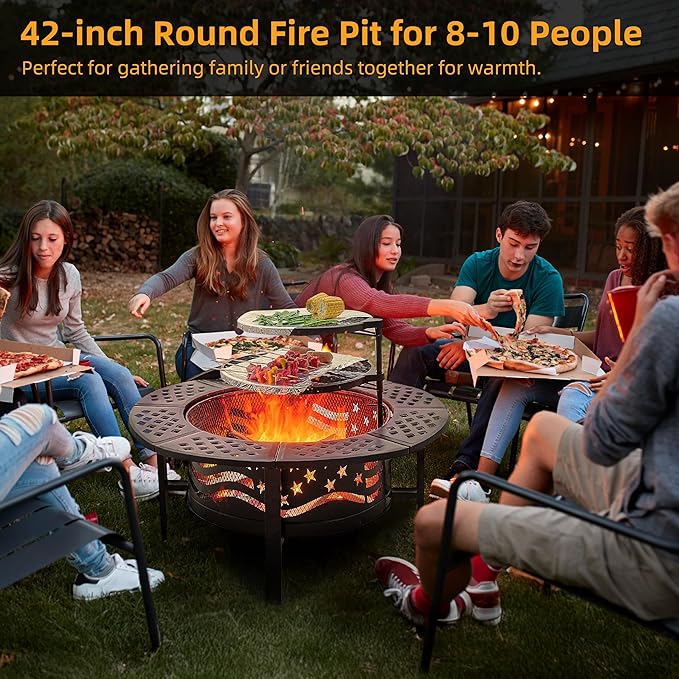 PrimeZone 42" Outdoor Fire Pit with 2 Grills - Wood Burning Firepit for Outside with Cover & Poker, Heavy Duty Metal Fire Pit Large Round Fireplace for Patio, Backyard, Picnic, Camping, Bonfire