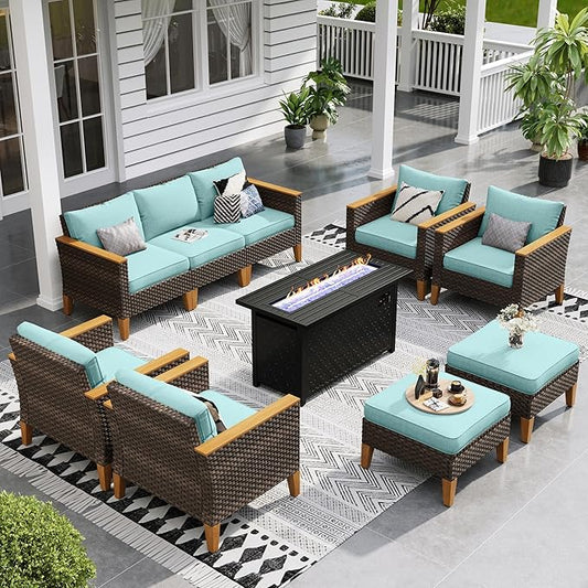 Sophia & William Patio Furniture Set with Fire Pit Table, 10 Piece Outdoor Wicker Furniture Sectional Sofa, Extra Large Patio Rattan Conversation Set with Ottoman & 45" Fire Pit Table(Aqua Blue)