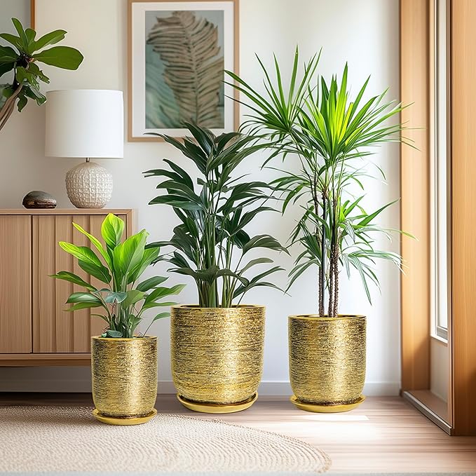 Ceramic Flower Pot for Indoor Plants - 10 Inch Plant Pot with Drainage Hole and Saucer, Decorative Round Outdoor Indoor Planter, Housewarming Gifts, Home Garden Decor, Gold