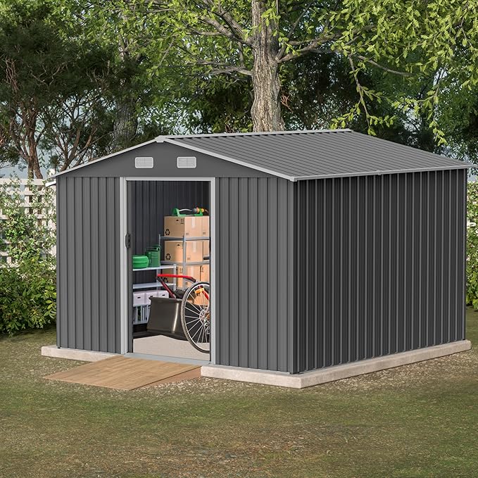 10X8 FT Outdoor Tool Storage Shed with Metal Foundation & Lockable Doors, All Weather Metal Sheds for Garden, Patio, Backyard, Lawn, Gray