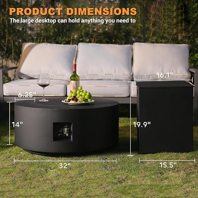 3-Piece Outdoor Fire Pit Table, 32 Inch Propane Fire Table 65,000 BTU Black Round Gas Firepit, Baking Sheet, Wind Guard and 16 inches Tank Side Table for Deck, Backyard and Pool, Black