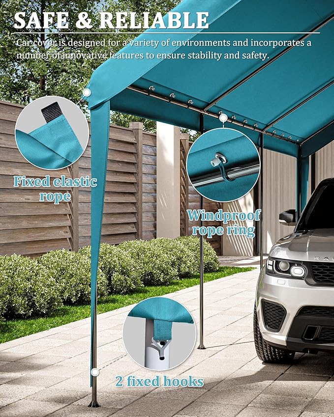 10 X 20 Ft Canopy Replacement Cover Heavy Duty Waterproof UV & Tear Resistant Car Tarp Canopy Tent Garage Top Shelter Oxford Cover with Ball Bungees (Frame is Not Included)