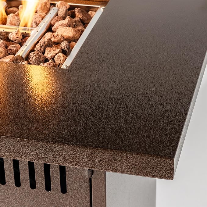 28'' Propane Fire Pit Table, 50,000 BTU Fire Table with Steel Lid, Big Legs, Laval Rocks, Deck Safe Fire Pit, Gas Fire Pits for Outside Patio, Brown.