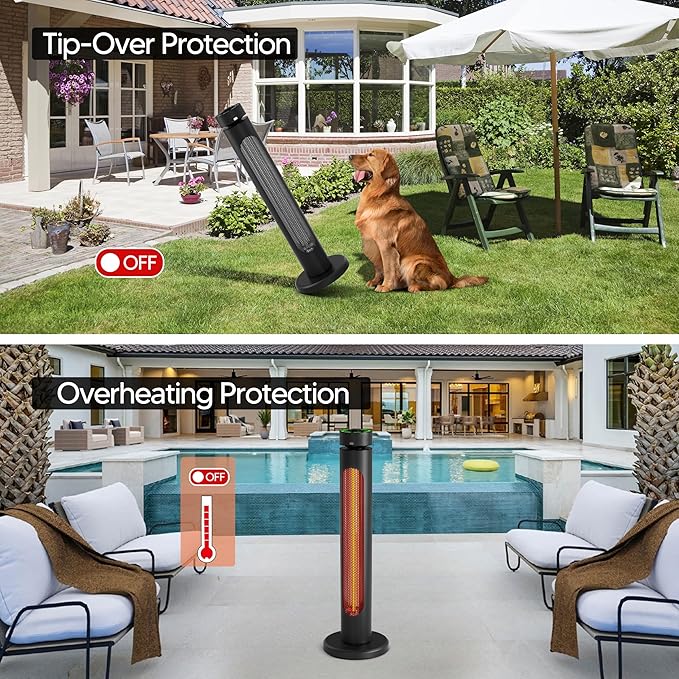 Portable Heater Outdoor Infrared 1500W 8 Heat Levels 8H Timers Carbon Fiber Tube Tip-Over&Overheat Protection IP65 Waterproof Electric Garden Heater, Deep Black