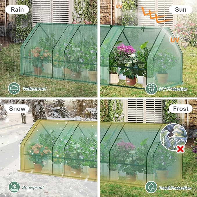 Aoodor 9 x 3 x 3 ft Mini Greenhouse with 3 Zipper Doors, Water-Resistant, UV-Protected for Flowers, Vegetables, and Herbs, Green
