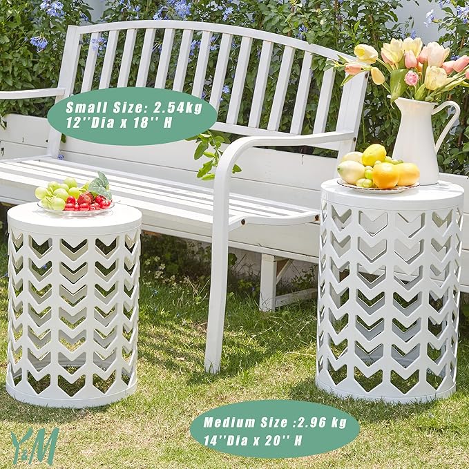 Y&M Set of 3 Metal Round Coffee Table, Side Table End Table for Indoor Outdoor Multifunctional Use, Heavy Duty Metal Plant Stand Garden Stool- White