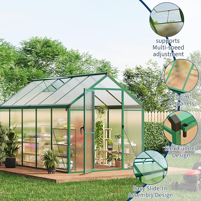 6x10 FT Greenhouse for Outdoors, Polycarbonate Greenhouse with Roof Vent, Ground Nails, Lockable Push Door, Aluminum Large Walk-in Green House for Outside Garden Backyard, Patio, Lawn, Green