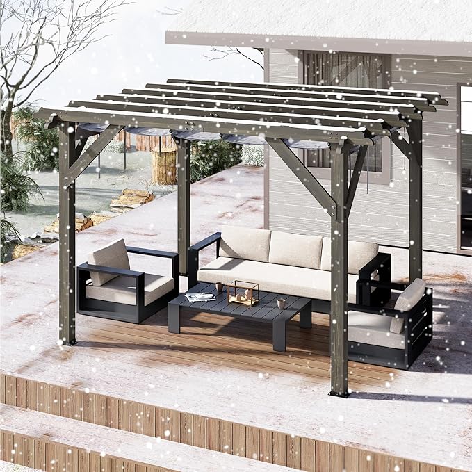 10x12 Ft Outdoor Wood Pergola with Retractable Roof & Mounting Kit Wooden Gazebo, Premium Support Structure, Wind and Snow Supported, Modern Outdoor Pergola for Porch, Grapevine and Deck