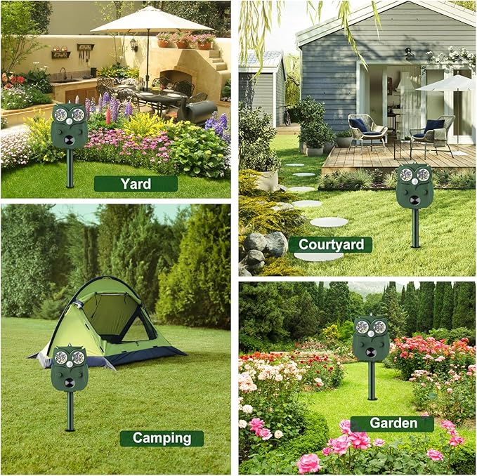 Animal Repellent Outdoor Solar Powered, Ultrasonic Deer Squirrel Skunk Rabbit Rodent Dog Deterrents Waterproof Animal Repeller, Pest Control for Gardens, Deter Mice, Snake, Squirrels, Rodents