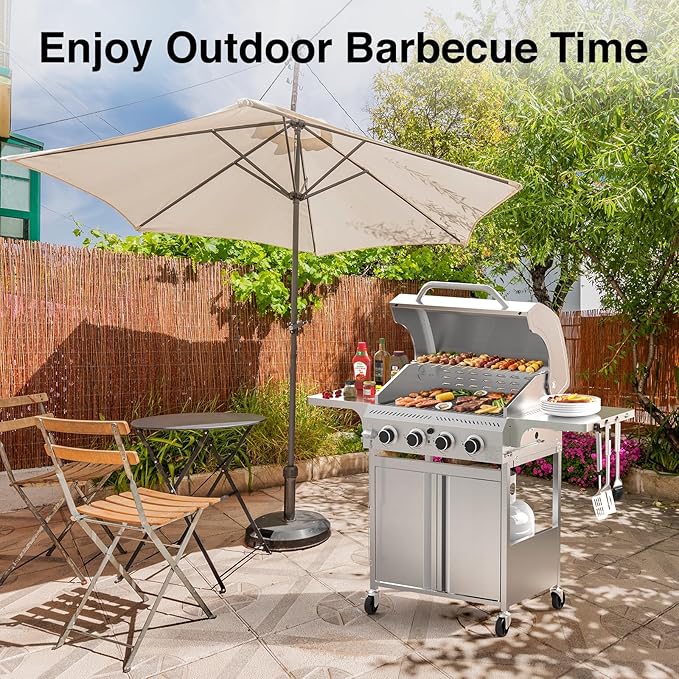 4-Burner Propane Gas Grill with 304 Stainless Steel Cooking Grid, Hanging Hooks/Heat-Resistant Handle, 32000BTU Stainless Steel BBQ Grill with Portable Wheels for Camping/Patio/Backyard