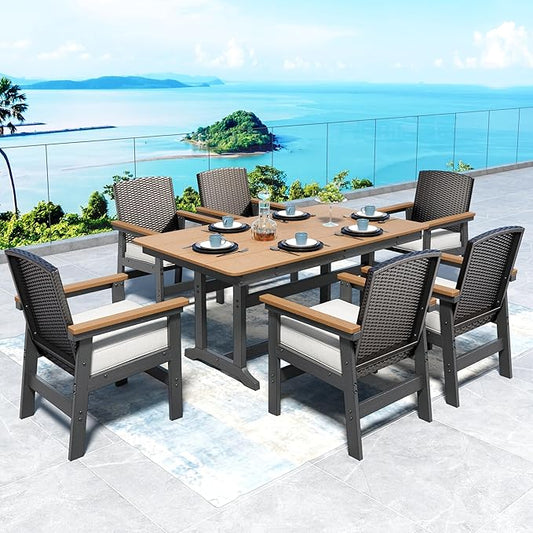 7 Piece HDPE Outdoor Dining Set for 6, 64” All Weather Wood-grain Dining Table, 6 Wicker Rattan Chairs with 3.2” Waterproof Cushion, Patio Table and Chairs Set for Backyard and Deck, Black