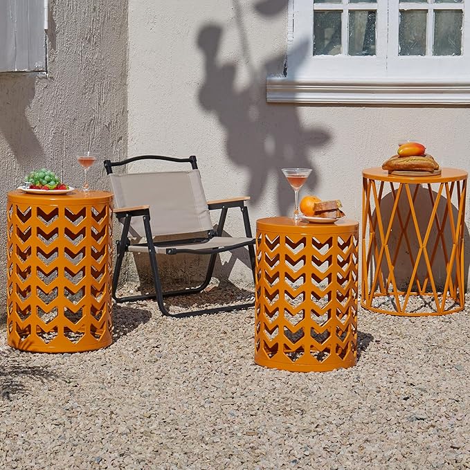 Y&M Set of 3 Stacking Coffee Table for Living Room, Patio Side Table,Indoor End Tables for Bedroom, Outdoor Decorative Garden Stool with Heavy Duty Metal Frame Modern Industrial Decor - Orange