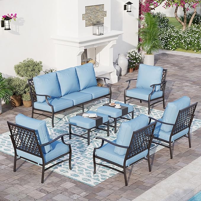7 Piece Metal Outdoor Patio Furniture Set, Patio Conversation Sets 1 3-seater Sofa, 4 Fixed Chair, 2 Ottomans with 5.75" Thick Cushion, Black All-weather Frame Backyard Furniture, Blue