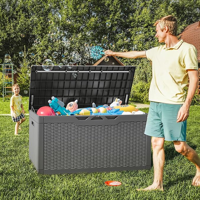 Greesum 100 Gallon Resin Deck Box Large Outdoor Storage with Cushions for Patio Furniture, Garden Tools, Pool Supplies, Weatherproof and UV Resistant, Lockable, Gray