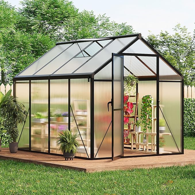 6x8 FT Greenhouse for Outdoors, Polycarbonate Flower Greenhouse with Roof Vent, Push-Pull Lockable Door, Aluminum Walk-in Greenhouses for Outside Garden Backyard, Patio, Lawn, Black