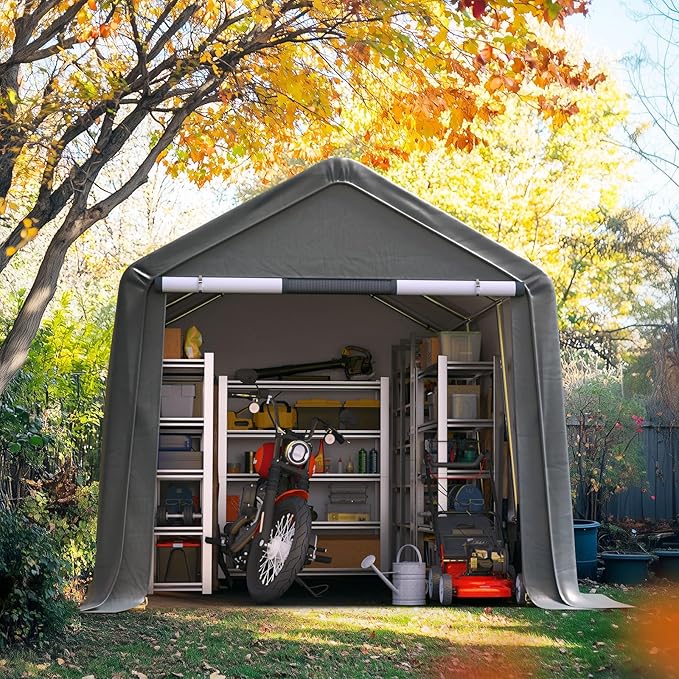 Quictent Heavy Duty 8x14FT Carport Shelter with Roll-Up Mesh Windows & Reinforced Frame, Portable Garage Canopy for Motorcycle Storage, Outdoor Equipment, Patio Furniture Cover - Dark Gray