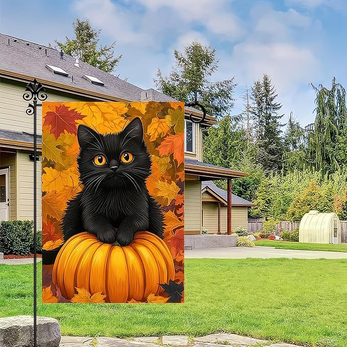 Thanksgiving Fall Garden Flag 12x18 Inch Welcome Black Cat Pumpkin Outdoor Flag Double Sided Autumn Yard Banner Maple Leaves for Porch Lawn Patio Halloween Thanksgiving Decor
