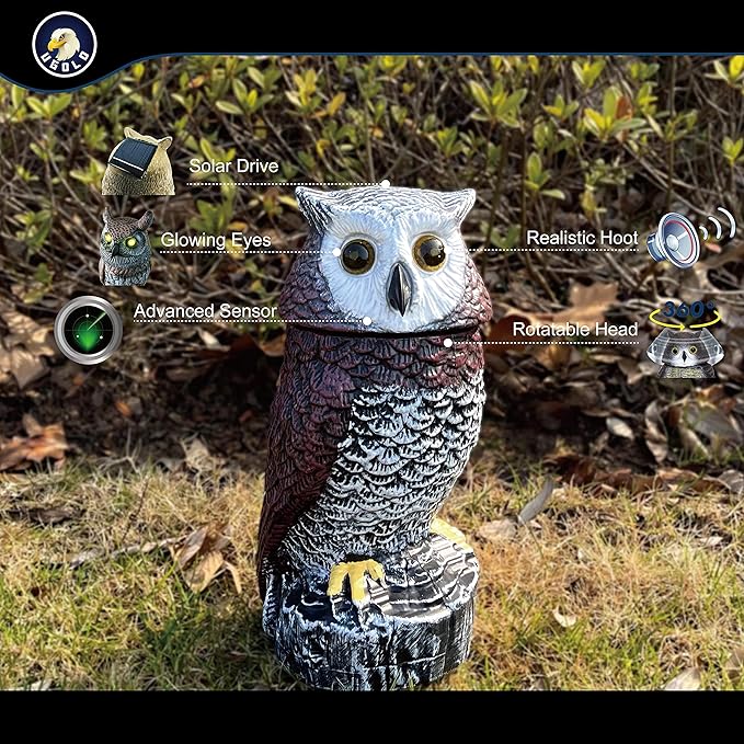 Solar Powered Garden Owl with Motion Detection, Rotating Head, Realistic Hoots and Silent Mode, Outdoor Statue and Sculpture, Owl Decoration for Home, Garden, Patio and Lawn