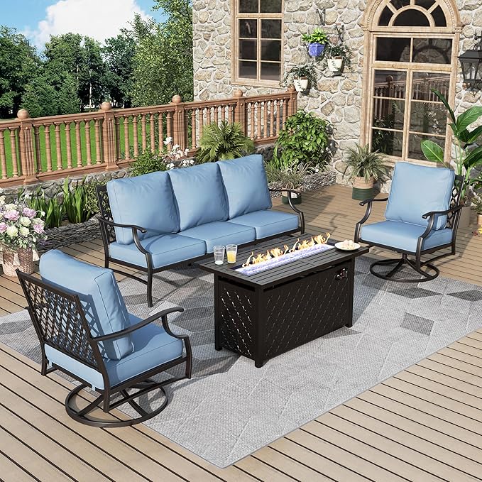 Patio Furniture Set with Firepit Table, 4 Pcs Metal Outdoor Conversation Set, 2 Swivel Chairs and 3 Seater Sofa with 5.75" Extra Thick Cushion and Gas Fire Pit Table for Backyard Deck, Blue