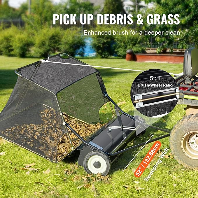 VEVOR 52 Inch Lawn Sweeper Tow Behind, 26 cu.ft. Large Pull Behind Grass Sweeper, Heavy Duty Leaf & Grass Collector with Dumping Rope Design, Adjustable Sweeping Height for Picking Up Debris & Grass