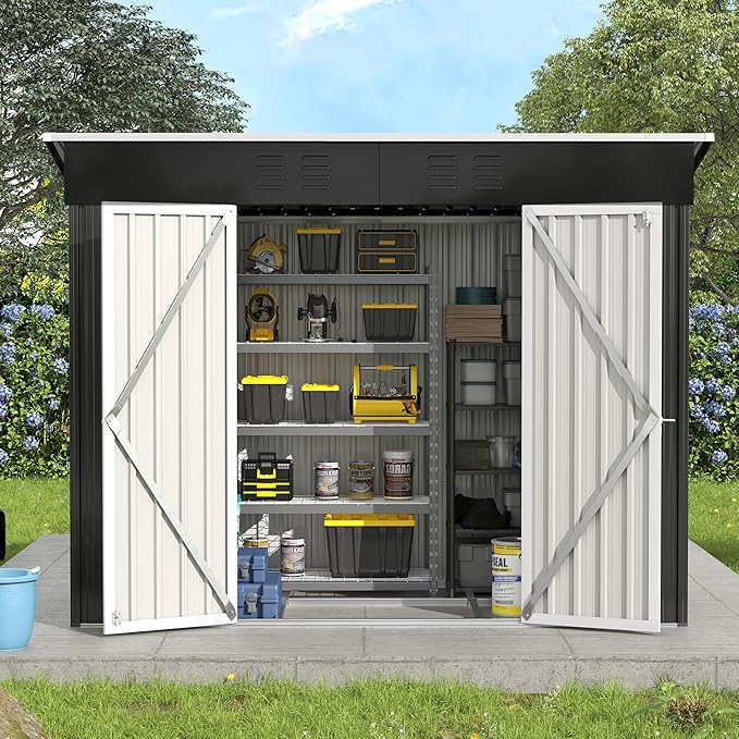 UDPATIO Outdoor Storage Shed 8x4 FT, Outside Sheds & Outdoor Storage Metal Galvanized Steel Yard, Patio, Lawn, Tool Shed with Lockable Door for Can, Bike, Lawnmower,Dark Grey