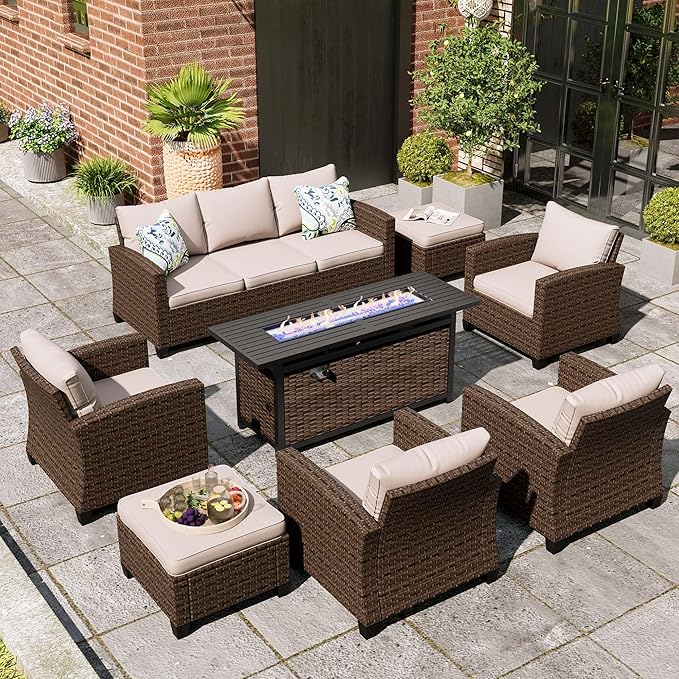 Patio Furniture Set, 8 Pcs Wicker Rattan Outdoor Conversation Set, 4 x Leg Chairs, 1 x 3 Seater Sofa and 2 x Ottoman with 4" Thick Cushion and 56" Fire Pit Table, Beige