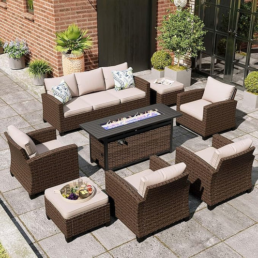 Patio Furniture Set, 8 Pcs Wicker Rattan Outdoor Conversation Set, 4 x Leg Chairs, 1 x 3 Seater Sofa and 2 x Ottoman with 4" Thick Cushion and 56" Fire Pit Table, Beige