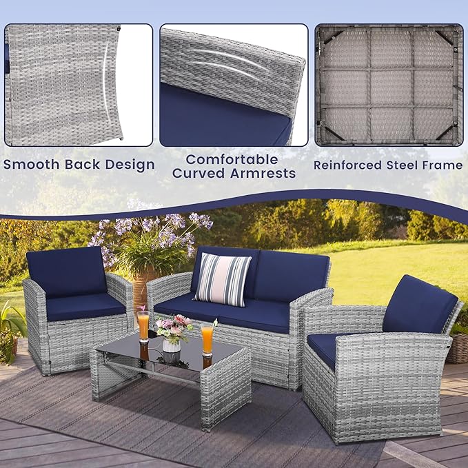 4 Pieces Patio Conversation Set, Outside Rattan Sectional Sofa, Cushioned Furniture Set, Wicker Sofa Ideal for Garden, Porch, Backyard, Grey Color Rattan and Blue Cushion