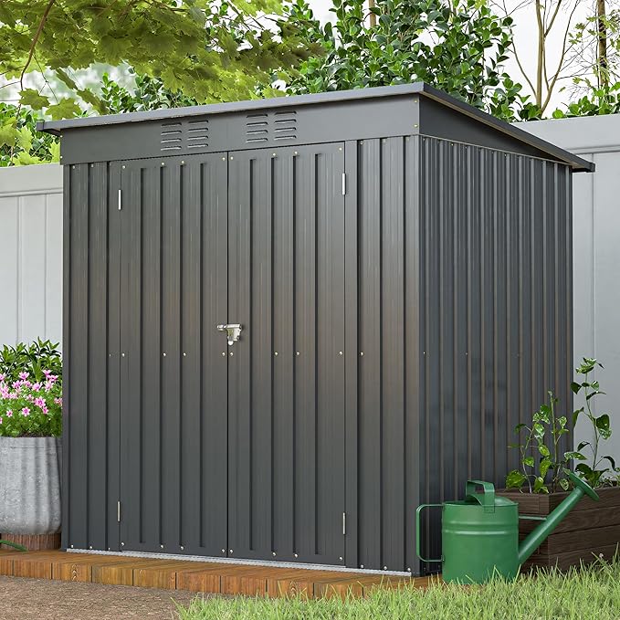 10X8 FT Outdoor Storage Shed, All Weather Metal Sheds with Lockable Doors, Tool Shed for Garden, Patio, Backyard, Lawn (Black with Floor Frame, 6x4 ft)
