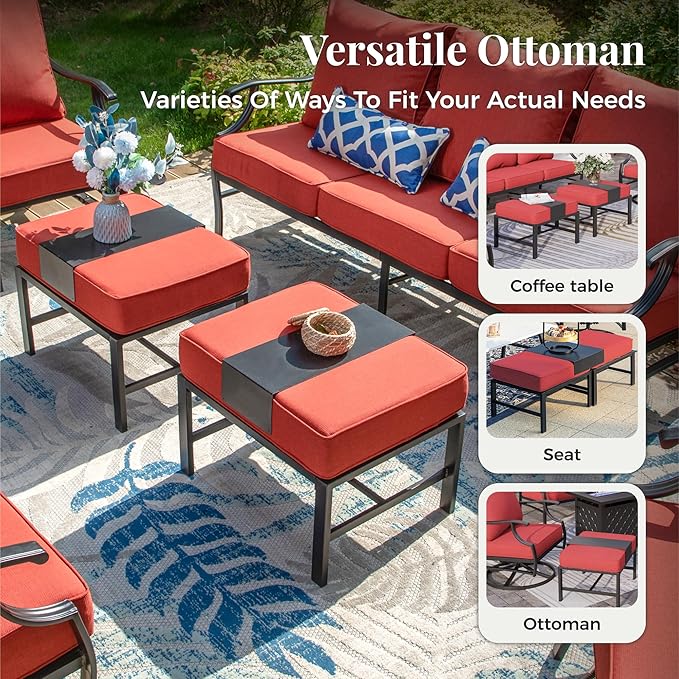 Patio Furniture Set, 6 Pcs Metal Outdoor Conversation Set, 2 Single Chairs, 2 Ottomans and 3 Seater Sofa with 5.75" Extra Thick Cushion and Gas Fire Pit Table, Red